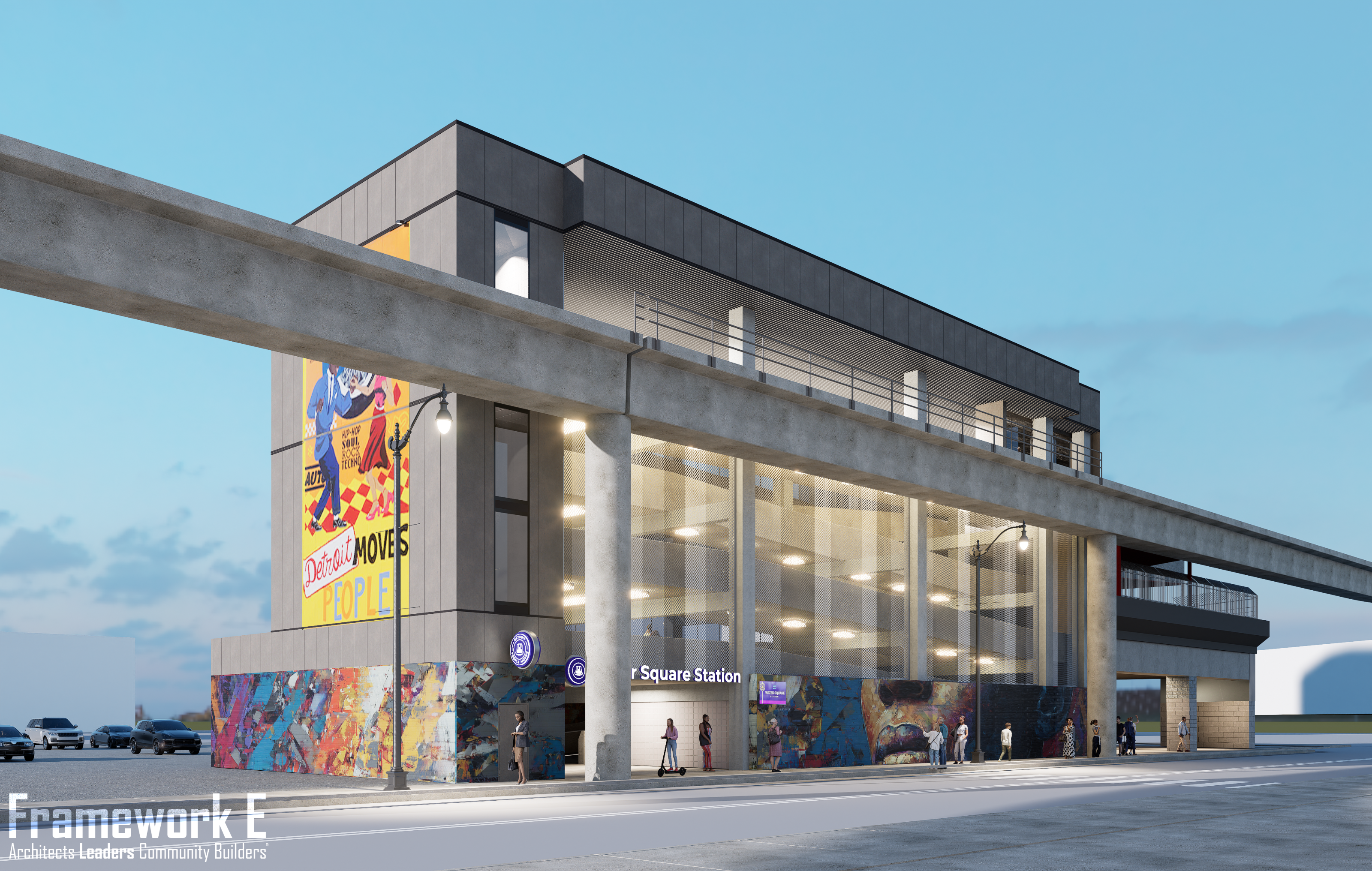 Architectural rendering of the renovated Water Square station with updated exterior panels, murals, and the elevated People Mover guideway